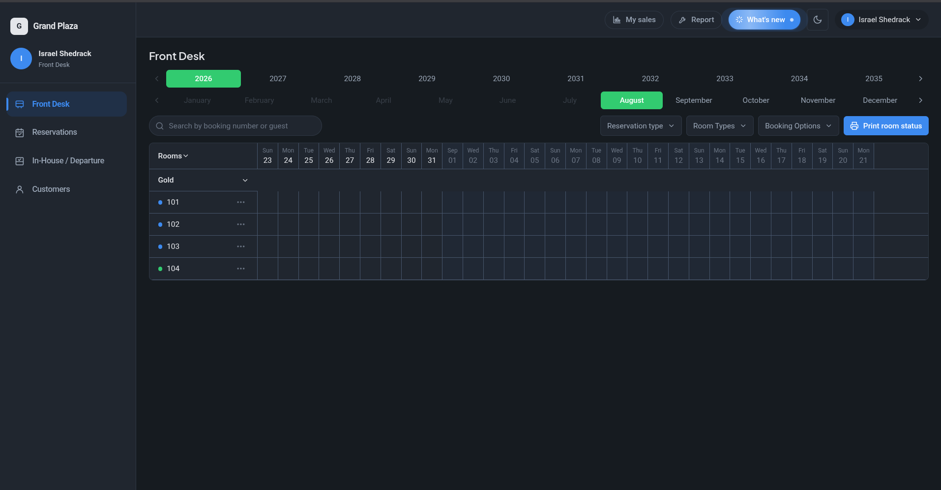 Front desk availability calendar with rooms down the side and dates across the top, filtered by year, month, reservation type and room category.